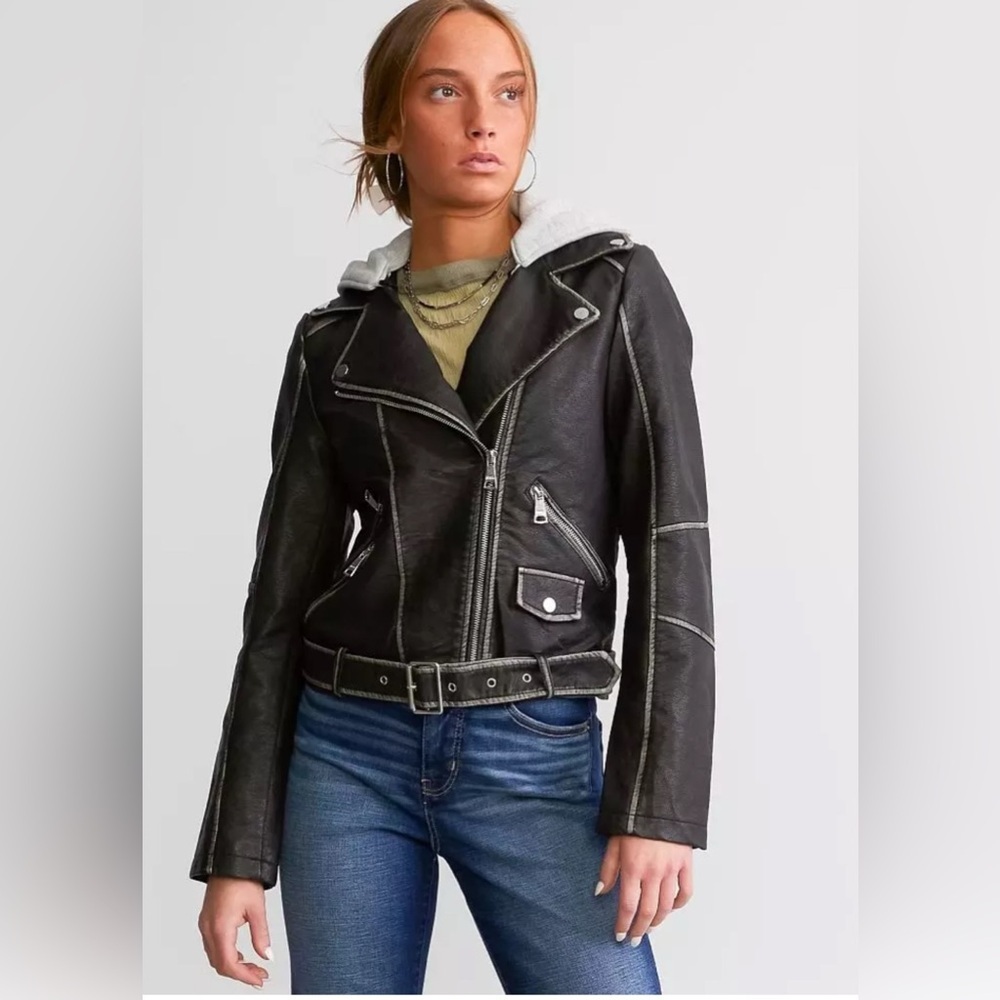 Vigoss Black Faux Leather Jacket with Gray Hood, Sz Small, Like NEW!